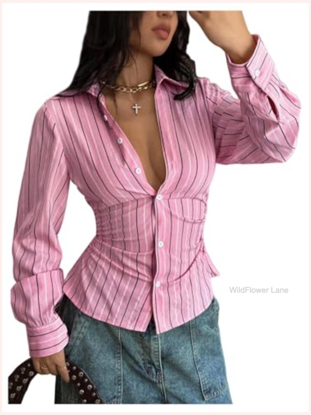Striped Cinch Waist Long Sleeve Ruched Button Up Blouse Dressy Streetwear - Picture 5 of 6